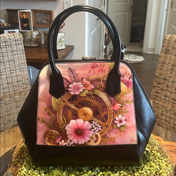 Sharif Wearable Art Pink Floral & Gear Design Leather Satchel 15”x 11”x 4” NWOT - Picture 2 of 8